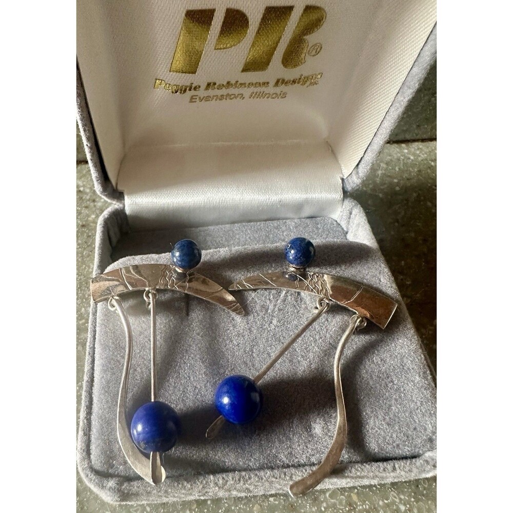 Stamped Peggy Robinson VTG Sterling 925 Lapis Dangle Earrings Detach Posts - Picture 7 of 8